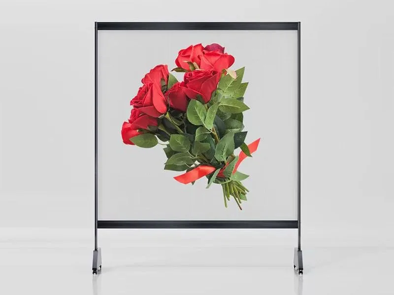Standalone transparent LED poster display in a hotel lobby, plug-and-play digital signage kiosk controlled by WiFi.