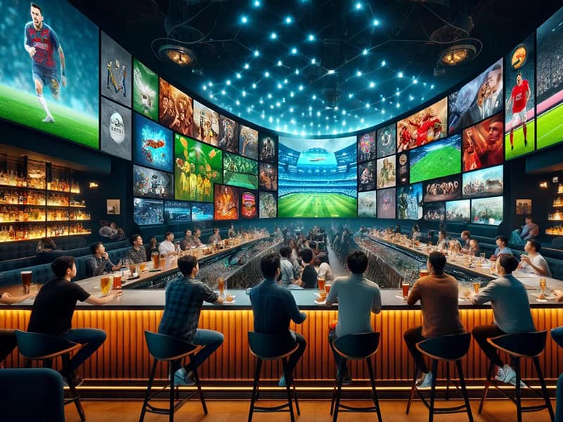 vibrant sports bar with multiple high-definition LED screens