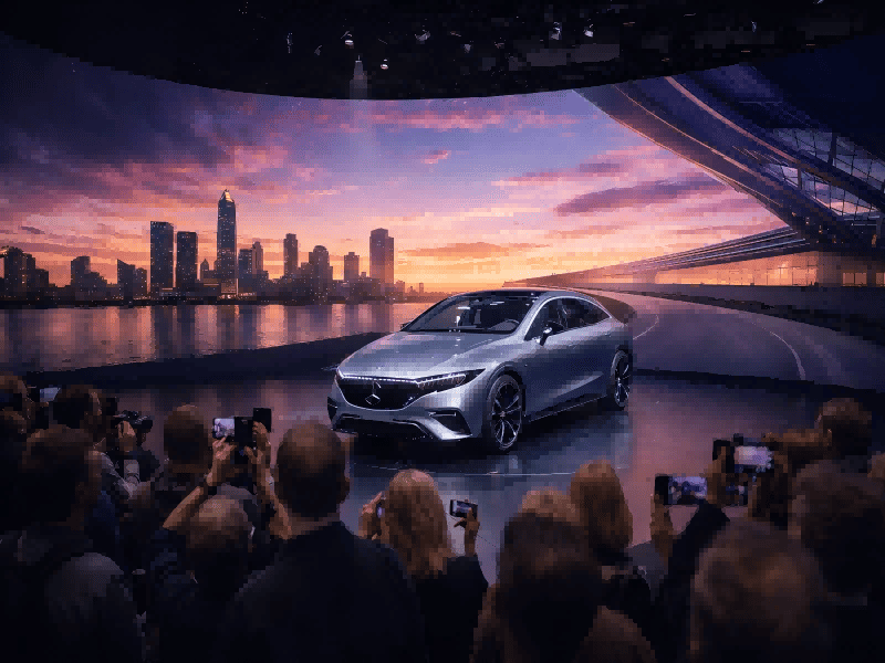 Curved rental LED wall for car reveal backdrop at an auto show