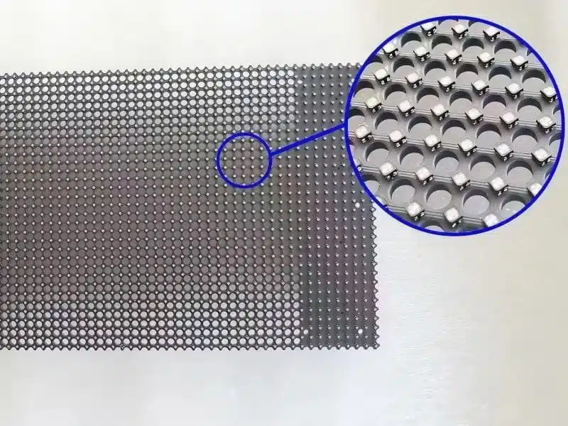 Close-up front view of Holographic LED module showing the invisible PCB technology and micro-LED beads, designed for 90% transparency without visible wires.