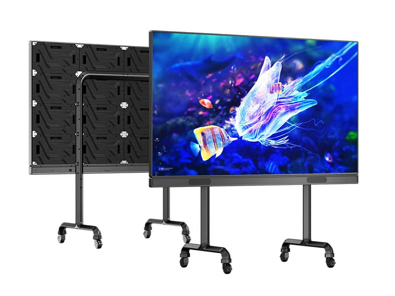Movable All-in-One LED display screen on wheels displaying vibrant underwater content, showing sleek front view and slim rear structure.