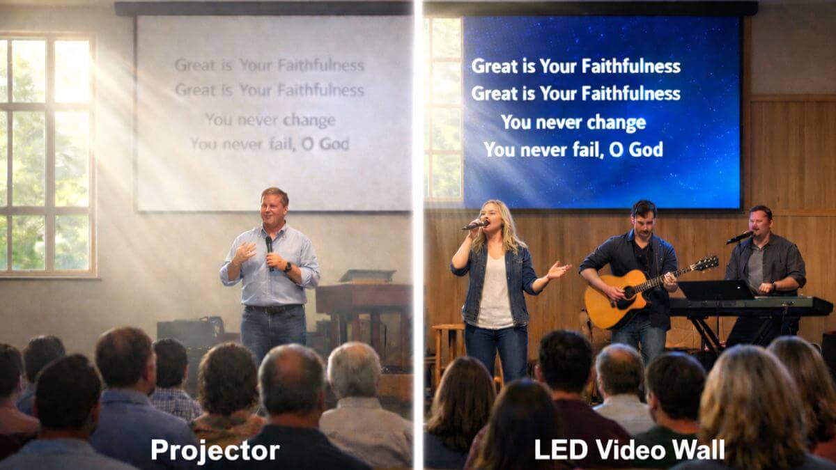 Side-by-side comparison showing a washed-out traditional projector screen versus a bright, high-contrast Church LED Video Wall in a sunlit sanctuary. The LED screen remains 10x brighter and razor-sharp compared to the faded projector display.
