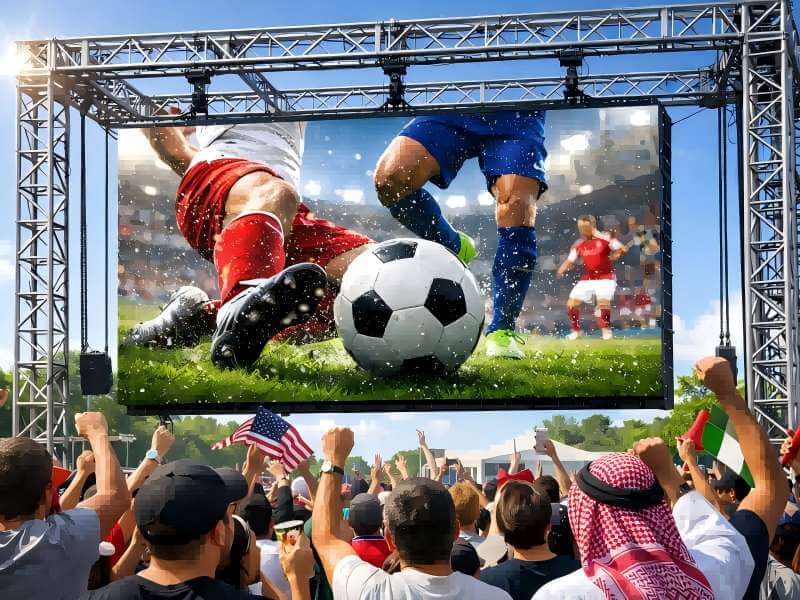 A massive outdoor rental LED display suspended on a truss structure, broadcasting a live soccer match in bright daylight. The screen maintains high visibility and vivid colors under direct sun, with a diverse cheering crowd including US and Middle Eastern fans in the foreground.