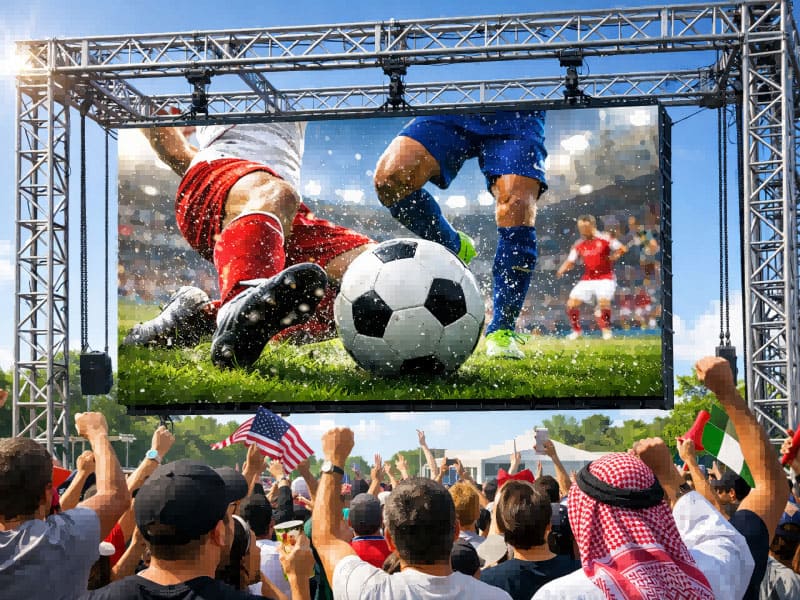 A massive outdoor rental LED display suspended on a truss structure, broadcasting a live soccer match in bright daylight. The screen maintains high visibility and vivid colors under direct sun, with a diverse cheering crowd including US and Middle Eastern fans in the foreground.