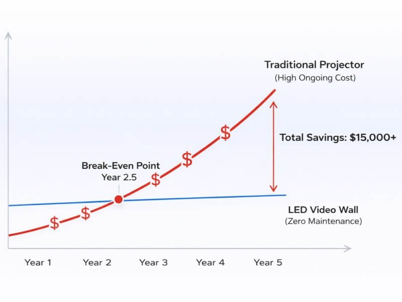 5-year cost comparison chart: LED Video Wall (low flat cost) vs Traditional Projector (high rising cost). Shows break-even point at year 2.5 and total savings of over $15,000 by year 5.