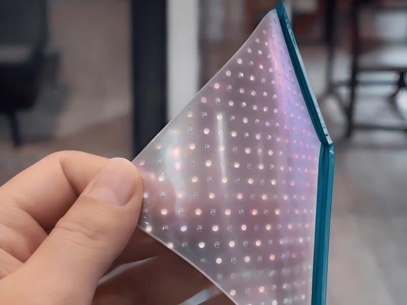 Technician installing self-adhesive transparent LED film directly onto a glass window using the simple peel-and-stick method, requiring no additional frame.