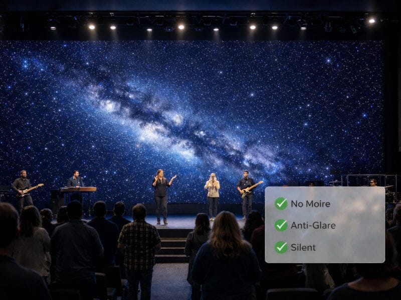 A modern church worship stage featuring a high-definition indoor LED video wall displaying a vivid galaxy background. The screen demonstrates deep blacks and broadcast-quality clarity for live streaming cameras, free from moiré effects and scan lines. Overlay checklist highlights key features: 3840Hz high refresh rate, anti-glare surface, and silent fanless design.
