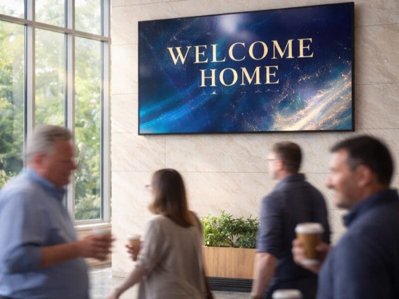High-brightness LED digital signage screen mounted in a sunlit church lobby foyer, displaying an elegant 'Welcome Home' message to visitors.