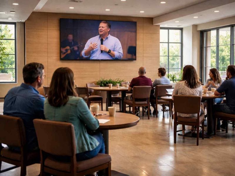 High-definition indoor LED display in a spacious church fellowship hall and overflow room. The screen shows a crystal-clear live sermon feed for the congregation, ensuring perfect visibility from the back rows.