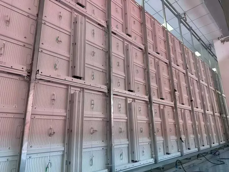 Mass production of magnesium alloy aluminum LED display cabinets in the factory warehouse. Lightweight, slim design ready for module assembly. Ideal for both rental and fixed outdoor applications.