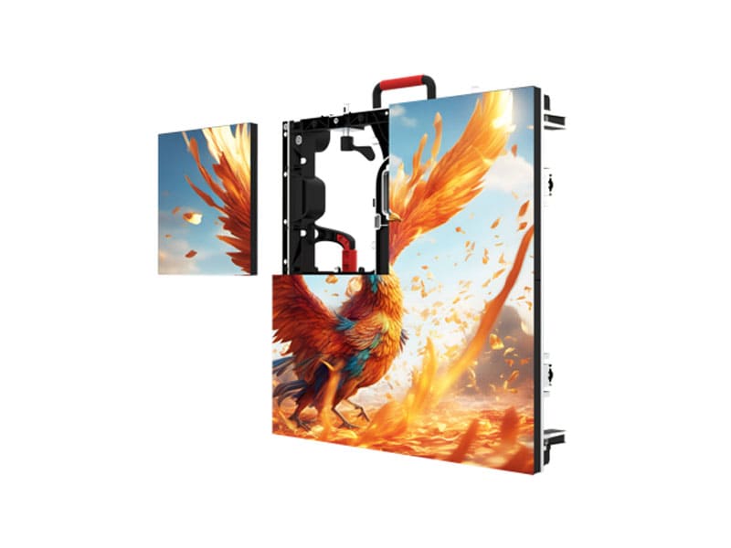 Studio shot of a high-definition fine pitch LED display cabinet p1.2 p1.5 p1.9 p2.6 p2.5. Demonstrates the front-service design where a single LED module is magnetically detached, revealing the internal cables and structure. Ideal for 4K/8K indoor control rooms.