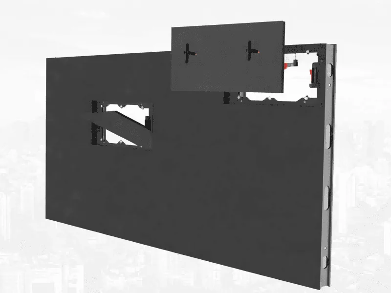 3D illustration of a front access LED display cabinet showing a single LED module being detached from the front. Designed for wall-mounted installations where rear maintenance space is unavailable. Demonstrates the front-service mechanism.