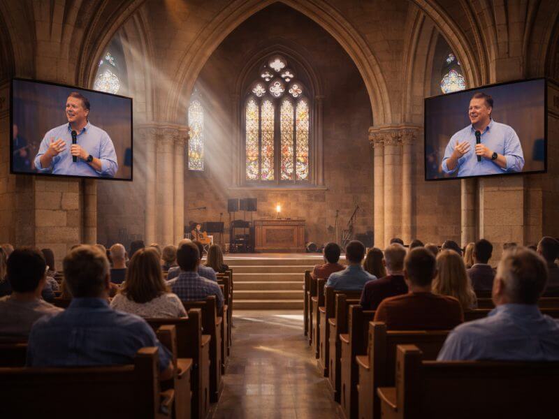 High-definition LED side screens mounted on stone columns in a historic European church sanctuary. The video walls display a clear IMAG live feed of the pastor, improving visibility for the congregation while respecting the traditional architecture.