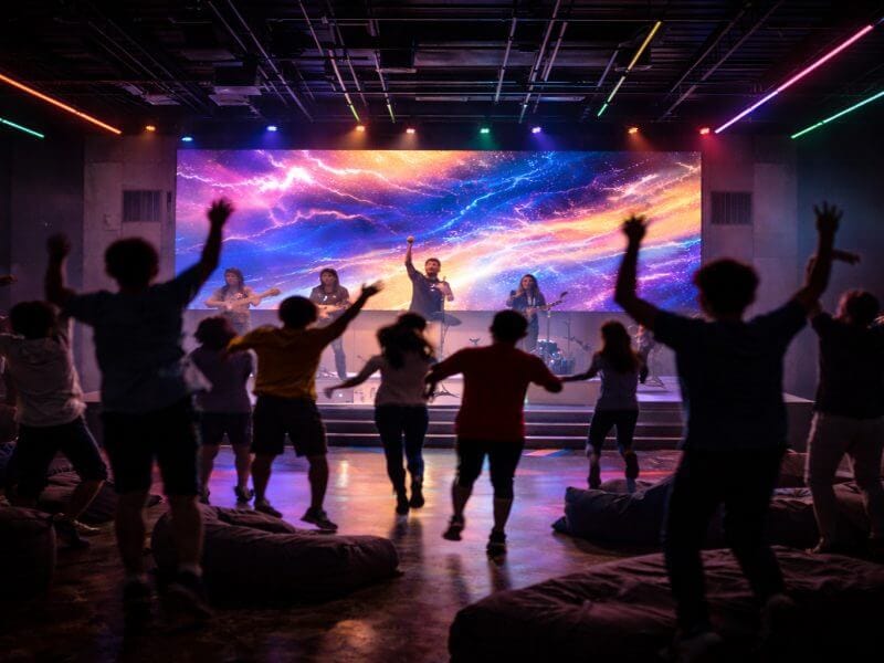 urable GOB LED video wall installed in a modern church youth hall, displaying vibrant motion graphics. Impact-resistant screen design ideal for high-energy kids programs and interactive worship events。