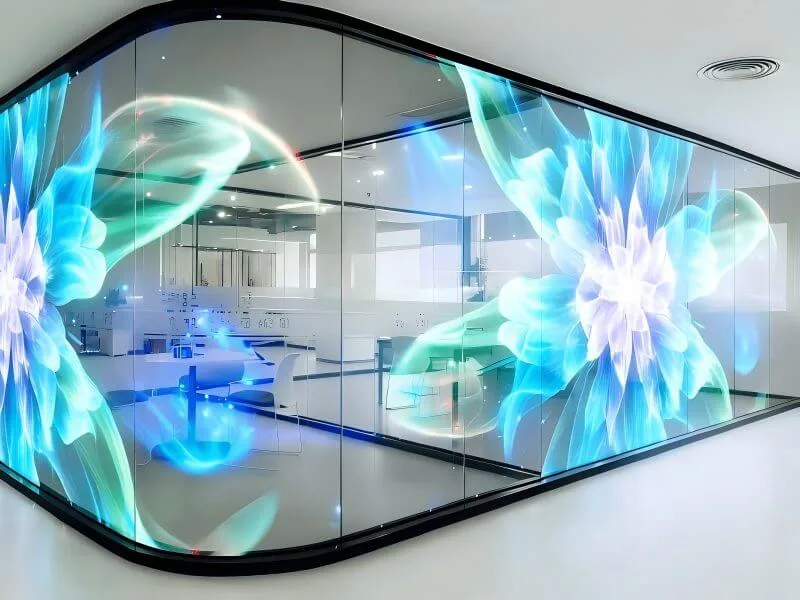 Fully installed Holographic Transparent LED Display showcasing a floating 3D video effect in a luxury showroom, blending digital content with the physical environment.
