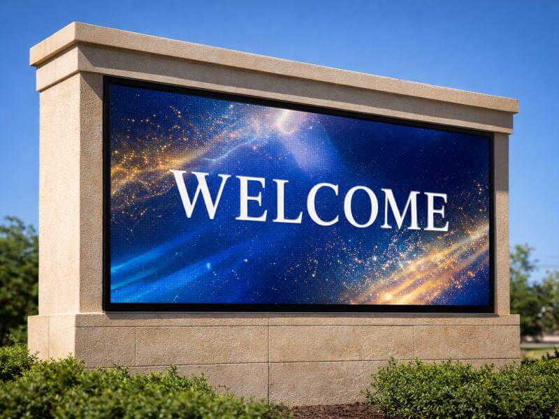 Weatherproof outdoor LED digital message center for churches, displaying bright 'Welcome' text under direct sunlight. High-brightness IP65 signage designed to withstand heat and dust in challenging environments。
