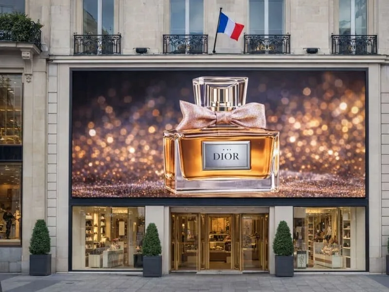 High-definition outdoor LED screen installed on a luxury flagship store facade in Paris, displaying a vivid perfume advertisement. Elegant storefront digital signage solution for high-end retail branding.