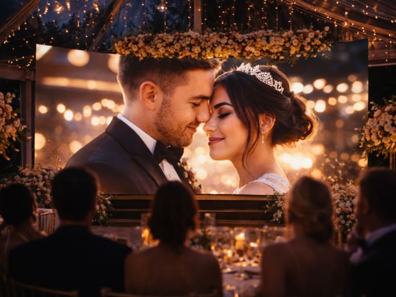 A large, curved rental LED screen serving as a wedding backdrop inside a luxury marquee tent. The display shows a high-contrast, crystal-clear close-up of the bride and groom, demonstrating vivid colors and high brightness amidst ambient candlelight and floral arrangements.