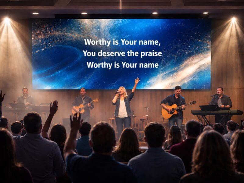 Modern mega-church sanctuary featuring a massive, seamless LED video wall displaying vibrant worship lyrics and gold motion graphics behind the worship band.