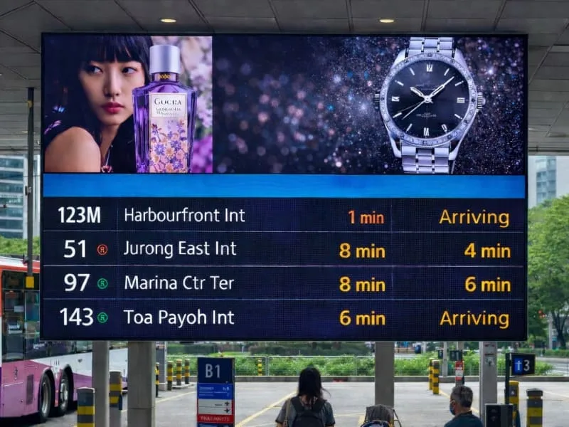 Modern bus shelter featuring a split-screen outdoor LED display. The screen shows real-time bus arrival schedules at the bottom and high-resolution commercial advertising at the top. Smart city street furniture concept.