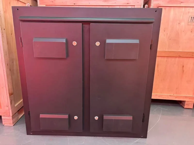 Rear view of a fully enclosed outdoor iron/steel LED display cabinet. Features dual rear doors for easy maintenance, waterproof rubber sealing, and heavy-duty handles. Powder-coated for anti-corrosion protection (IP65 rated).