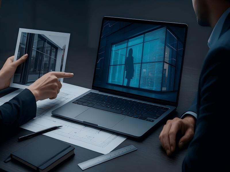 a engineer is working on glass wall solution design