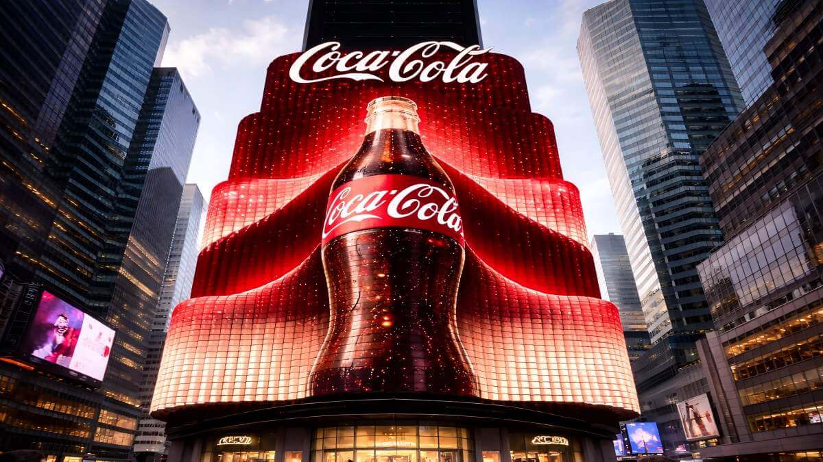 A high-impact 3D robotic kinetic LED billboard showing a Coca-Cola advertisement with moving physical modules in a modern city center.