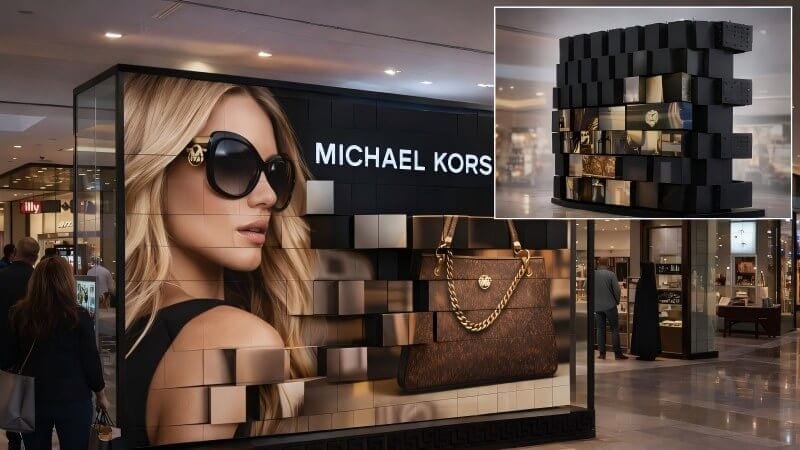 Kinetic cube LED screens in a Michael Kors luxury store. The moving blocks create a dynamic 3D animation for high-end fashion branding and window displays.