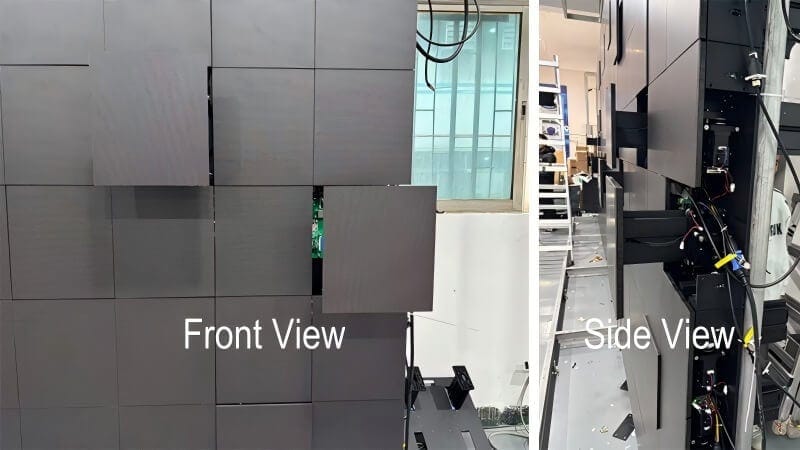 Detailed front and side view of modular kinetic LED display tiles showing the motorized actuators