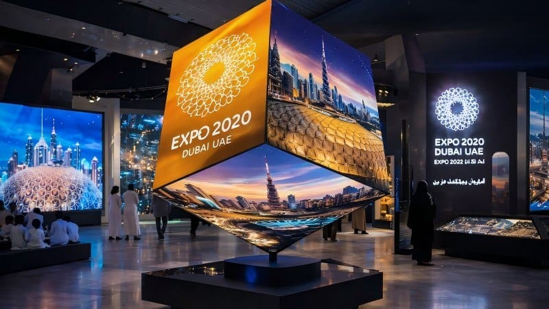 A massive rotating square LED display (6-side cube) at the Dubai EXPO UAE. The cube spins on a corner to show creative event branding to global visitors.