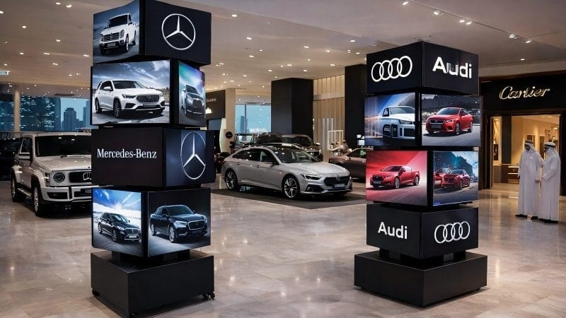 360-degree rotating LED cube columns in a Saudi Arabian luxury car dealership. The stacked cubes display high-end brands like Mercedes-Benz and Audi for premium marketing.
