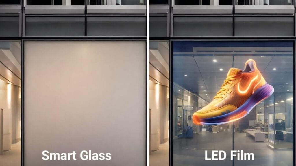Comparison of Smart Glass frosted effect versus Adhesive Transparent LED Film displaying high-brightness video on a building facade.