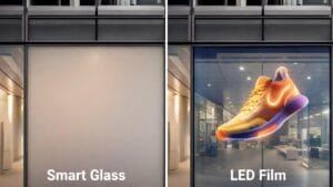 Comparison of Smart Glass frosted effect versus Adhesive Transparent LED Film displaying high-brightness video on a building facade.