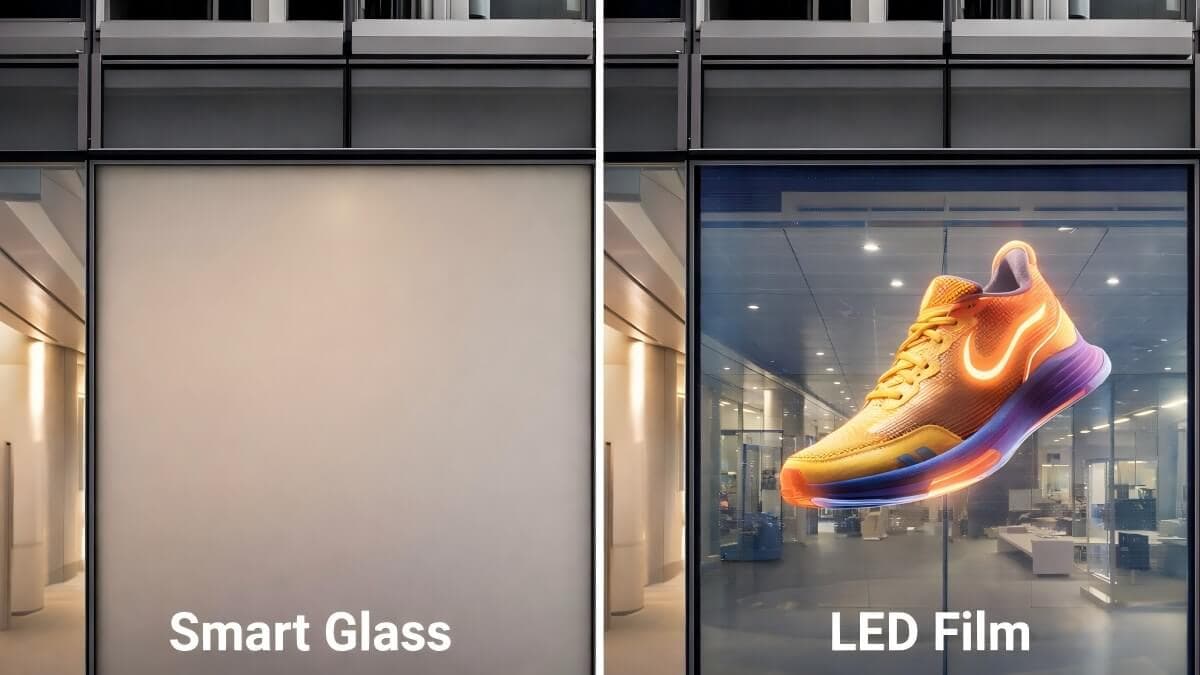 Comparison of Smart Glass frosted effect versus Adhesive Transparent LED Film displaying high-brightness video on a building facade.
