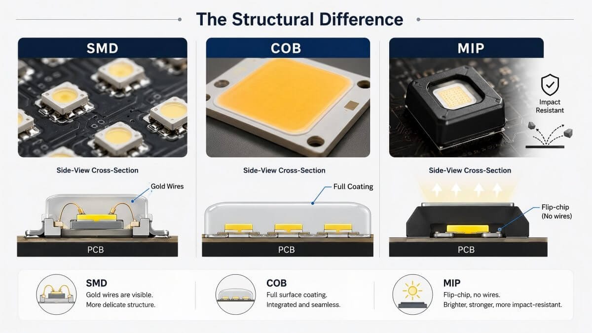 Comparison of SMD, COB, and MiP LED structure with flip-chip technology diagram