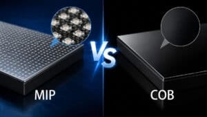 Comparison of MiP (Micro LED in Package) and COB (Chip on Board) LED display panel surfaces showing pixel structure