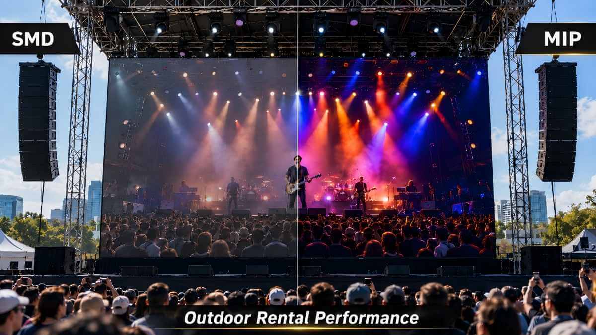 Side-by-side brightness comparison between SMD and MiP LED displays for outdoor concert stage rental
